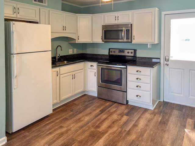 kitchen featuring white cabinetry, stainless steel appliances, dark hardwood / wood-style floors, and sink