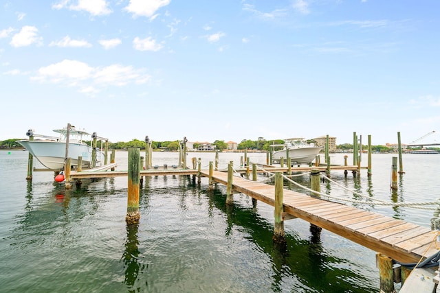 dock area featuring boat lift and a water view