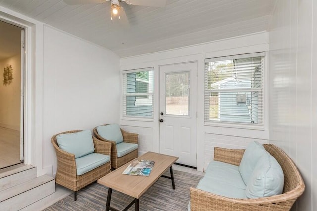 interior space featuring a ceiling fan