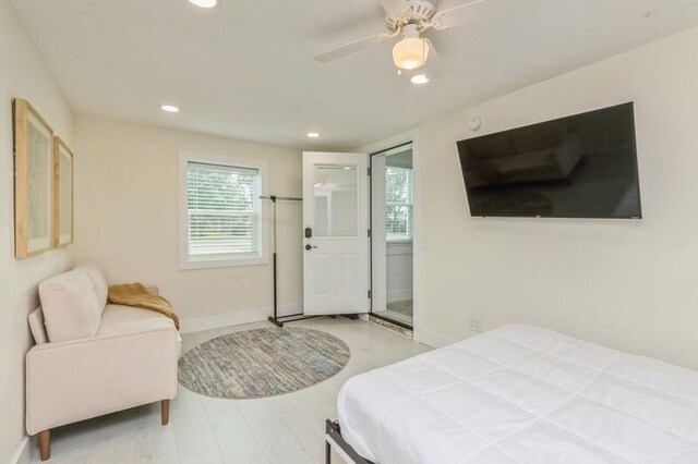 bedroom featuring recessed lighting, ceiling fan, and baseboards