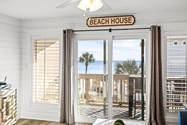 entryway featuring a water view, ceiling fan, and hardwood / wood-style floors