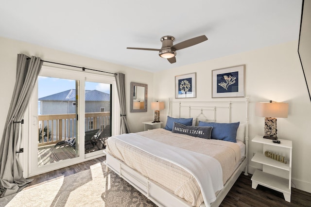 bedroom with dark wood-type flooring, access to outside, and ceiling fan