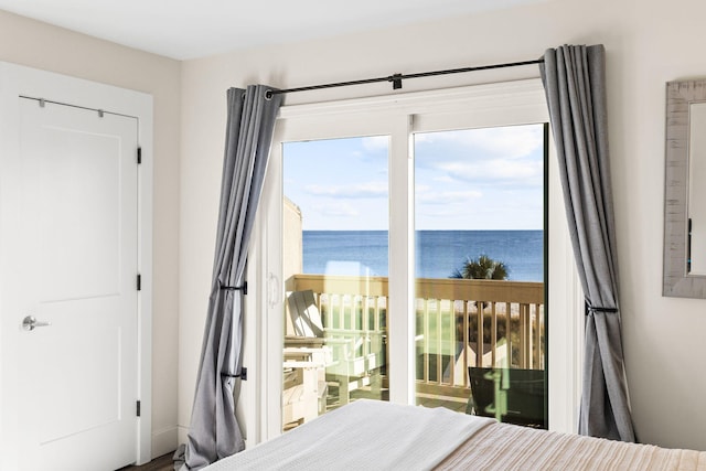 bedroom featuring a water view