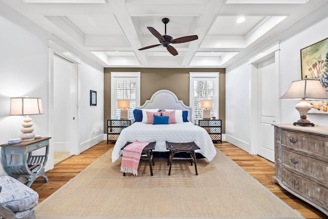 bedroom featuring baseboards, coffered ceiling, light wood-style flooring, beam ceiling, and recessed lighting