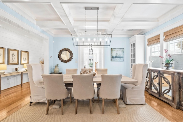 dining space featuring light wood-type flooring, coffered ceiling, and a notable chandelier