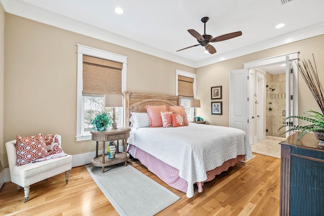 bedroom with crown molding, light wood finished floors, recessed lighting, ceiling fan, and baseboards