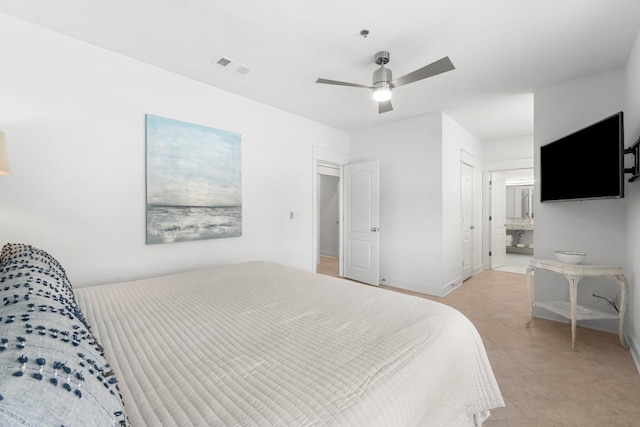 bedroom with ceiling fan and ensuite bathroom