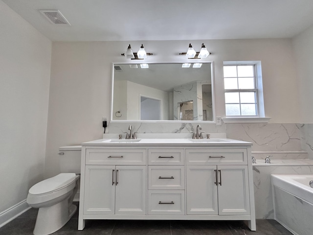 full bathroom with vanity, independent shower and bath, and toilet