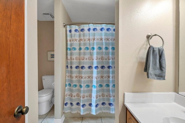 8468 Gulf Blvd # Ut-4, Navarre, FL 32566 - bathroom with tile patterned flooring, vanity, a shower with curtain, and toilet