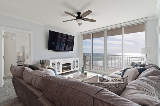 living room with hardwood / wood-style floors, crown molding, expansive windows, and ceiling fan