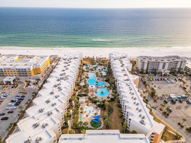 bird's eye view with a view of the beach and a water view