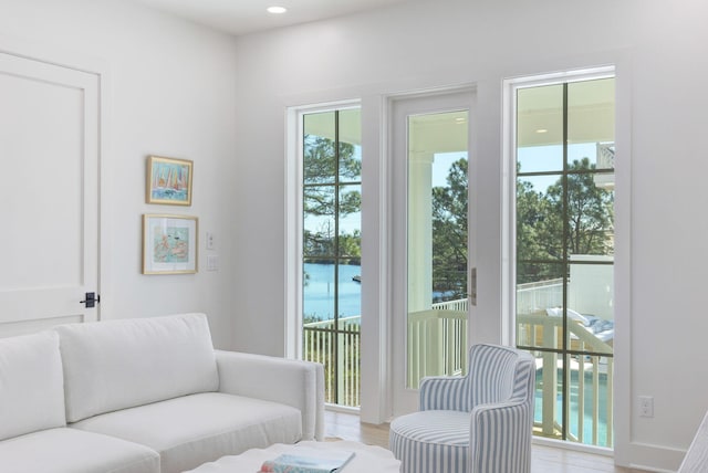 sitting room with light hardwood / wood-style floors and a water view