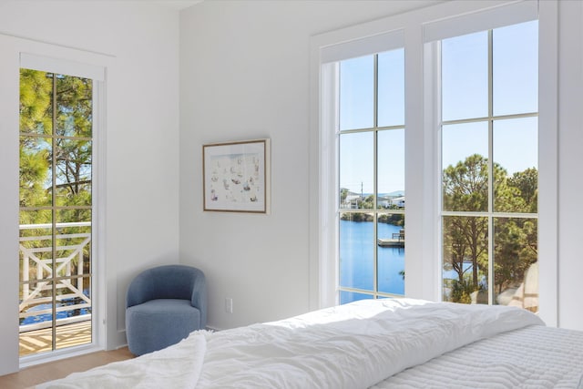 bedroom featuring a water view and multiple windows