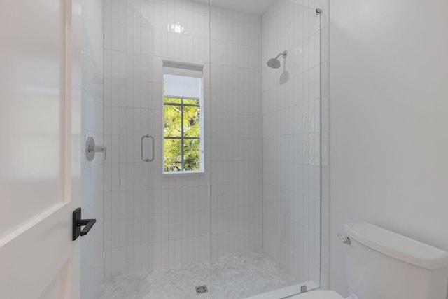 bathroom with toilet and an enclosed shower