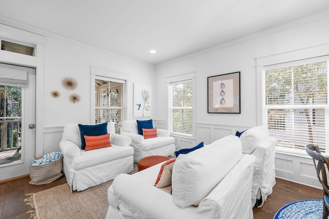 interior space with crown molding and dark hardwood / wood-style floors