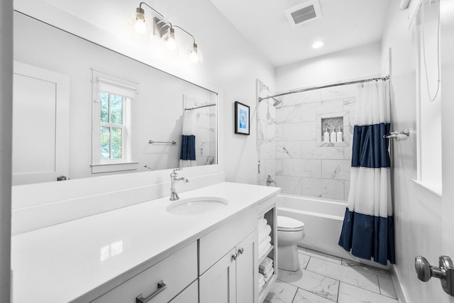 full bathroom with shower / tub combo with curtain, toilet, and vanity