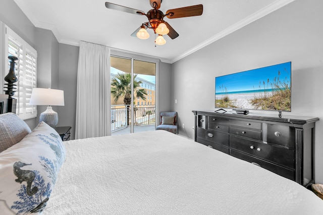 bedroom with crown molding, ceiling fan, and access to outside