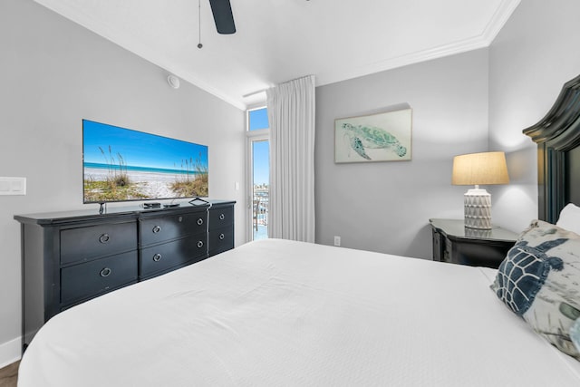 bedroom featuring crown molding, access to exterior, and ceiling fan