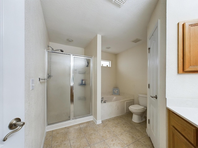 bathroom featuring a shower stall, a garden tub, visible vents, and tile patterned floors