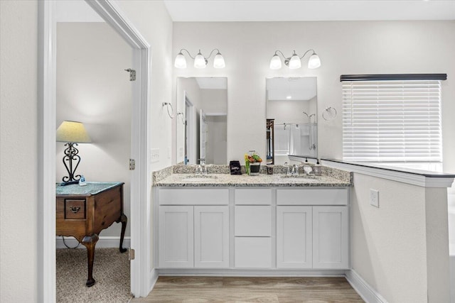 bathroom featuring vanity, wood-type flooring, and a shower