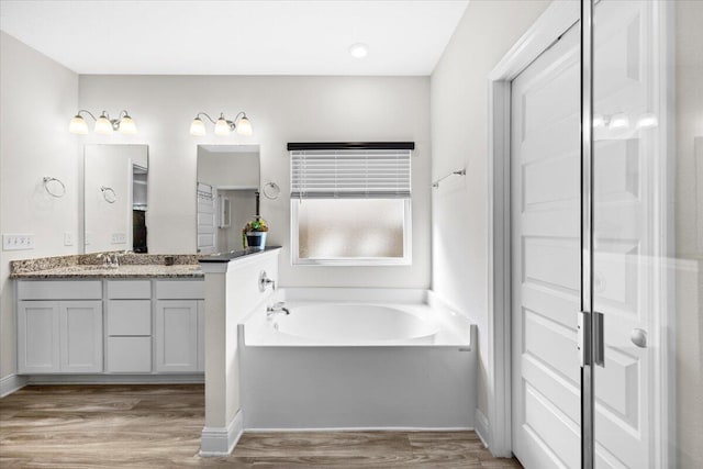 bathroom with a tub to relax in, hardwood / wood-style floors, and vanity