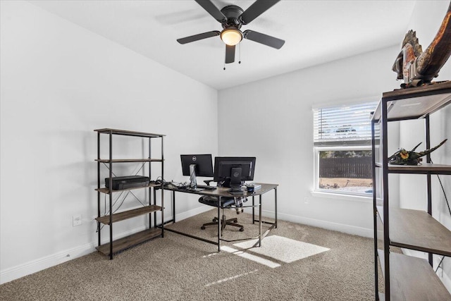 home office with carpet floors and ceiling fan