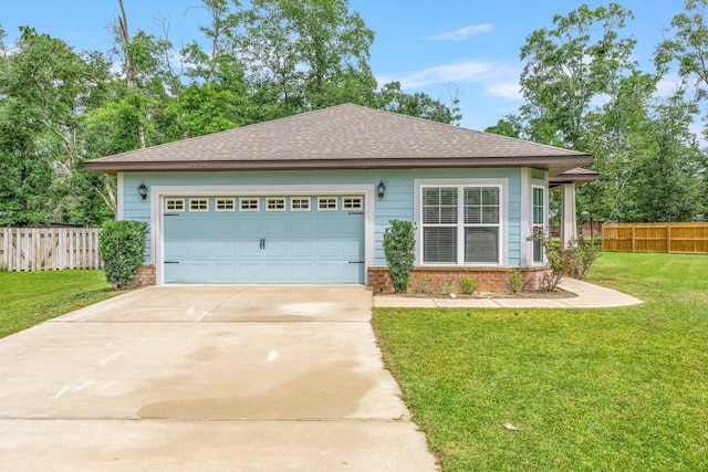 single story home featuring concrete driveway, a front lawn, fence, and brick siding