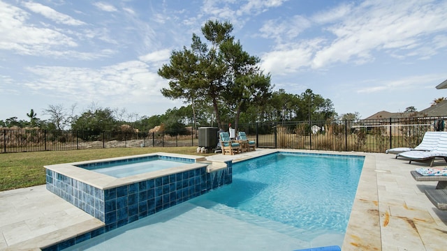 view of pool featuring an in ground hot tub and a patio area