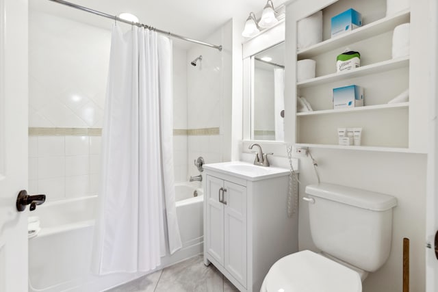 full bathroom featuring vanity, shower / tub combo, and toilet