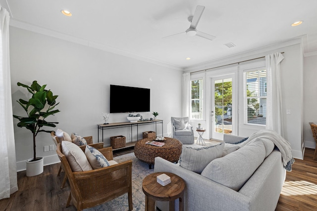 83 Sawgrass Ln, Santa Rosa Beach, FL 32459 - living room with dark wood-type flooring, ornamental molding, and ceiling fan