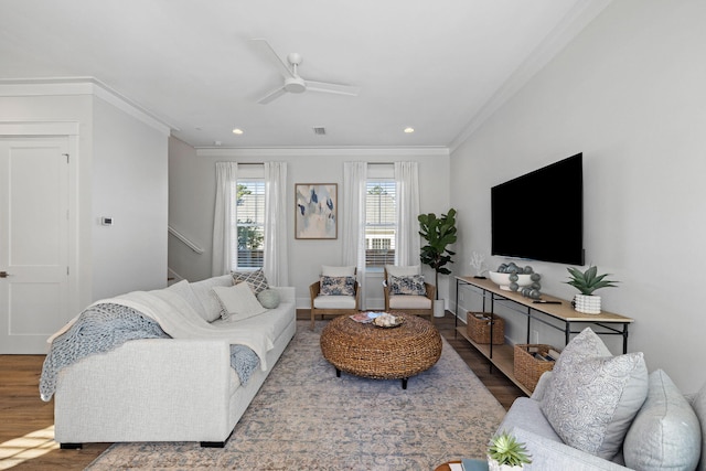 83 Sawgrass Ln, Santa Rosa Beach, FL 32459 - living room with hardwood / wood-style flooring, ornamental molding, and ceiling fan