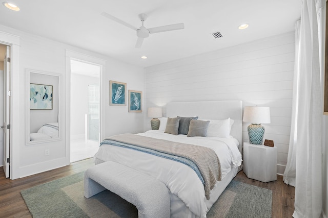83 Sawgrass Ln, Santa Rosa Beach, FL 32459 - bedroom with dark hardwood / wood-style floors, connected bathroom, and ceiling fan