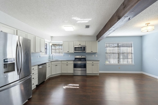 kitchen featuring stainless steel appliances, white cabinets, dark wood-type flooring, and a sink