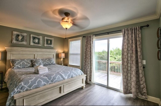 bedroom with ornamental molding, dark wood-type flooring, access to outside, and ceiling fan