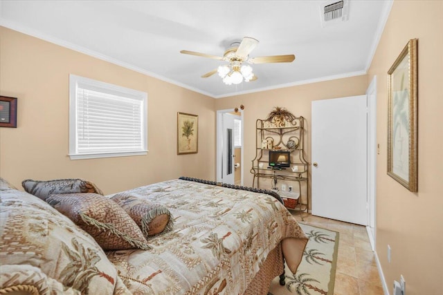 bedroom featuring multiple windows, crown molding, and ceiling fan