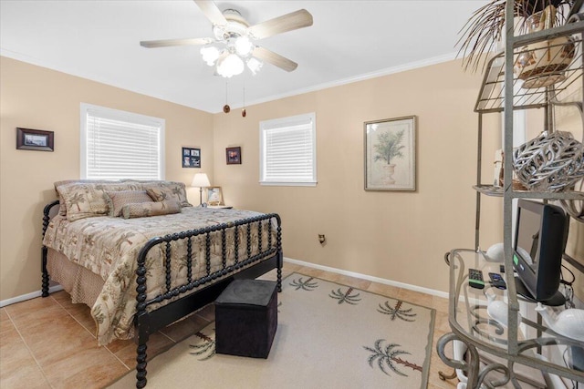 tiled bedroom with crown molding and ceiling fan