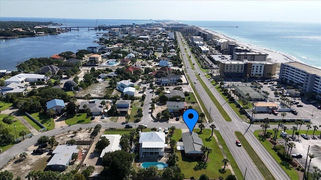 aerial view featuring a beach view and a water view