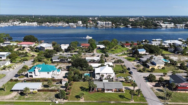 drone / aerial view with a water view