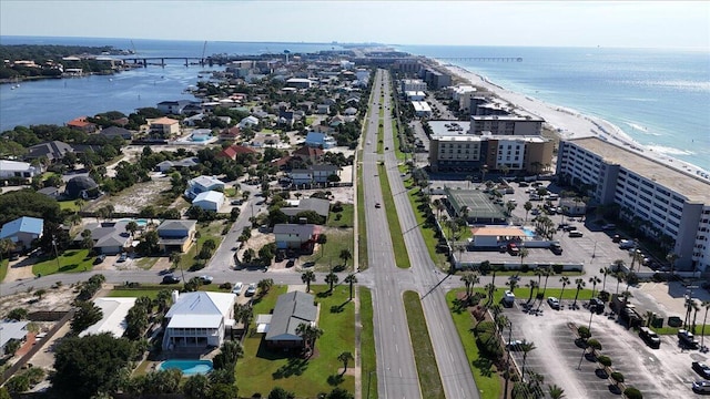 aerial view with a view of the beach and a water view