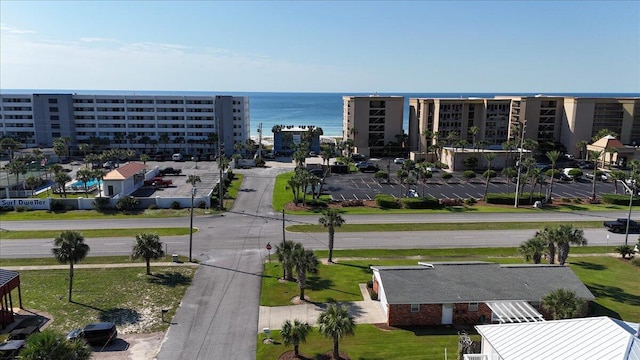 bird's eye view with a water view