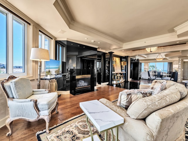 living room with hardwood / wood-style floors, crown molding, and decorative columns