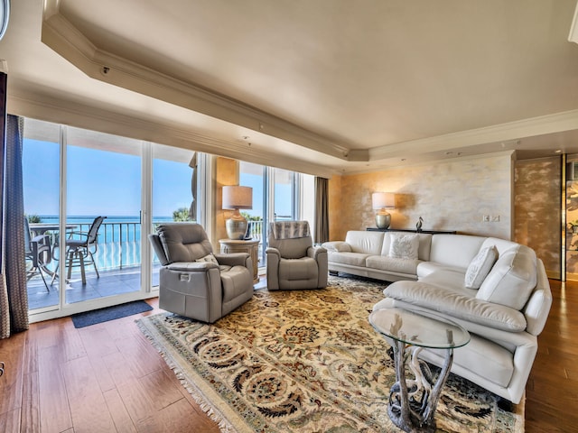 living room featuring a tray ceiling, wood-type flooring, and a water view