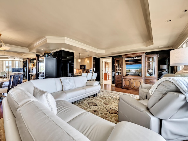 living room featuring crown molding, wood-type flooring, and a raised ceiling