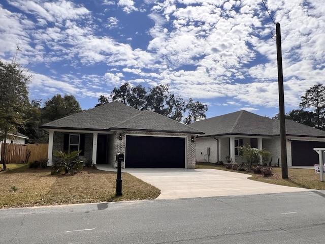 ranch-style home featuring brick siding, driveway, an attached garage, and fence