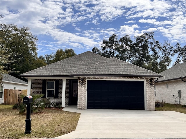 single story home with brick siding, roof with shingles, fence, a garage, and driveway