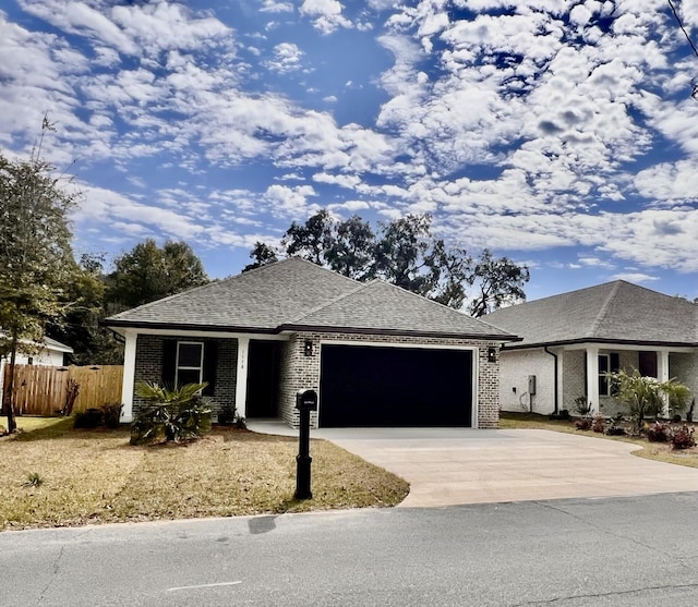 ranch-style house with fence, roof with shingles, concrete driveway, a garage, and brick siding