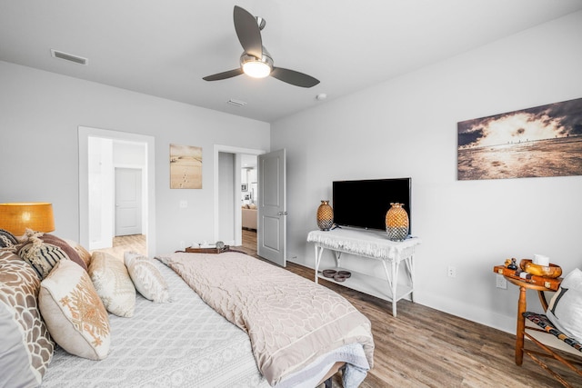 bedroom featuring ceiling fan and wood-type flooring