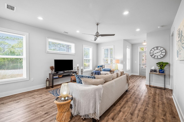 living room featuring ceiling fan, dark wood-type flooring, and a healthy amount of sunlight