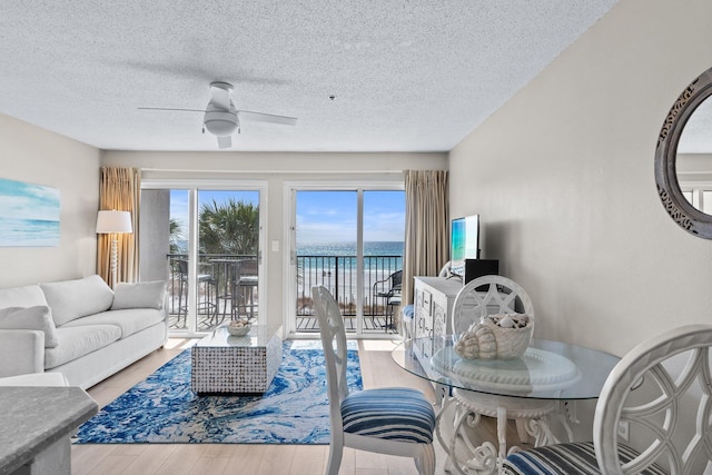 living room with ceiling fan, light hardwood / wood-style floors, and a textured ceiling