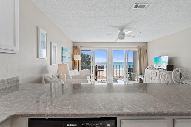 kitchen featuring white cabinetry, ceiling fan, and a textured ceiling